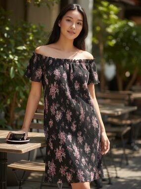 Off-Shoulder Black Mini Dress with Pink Floral Pattern
